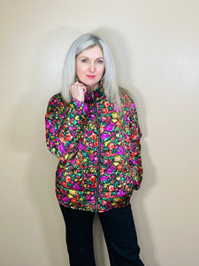 Floral Quilted Puffer Jacket - Black