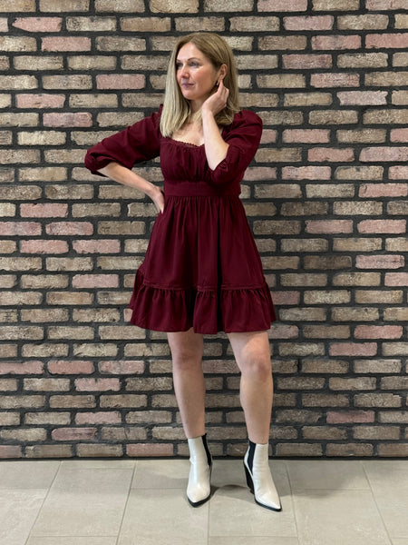 Lace Trim Square Neck Dress - Burgundy