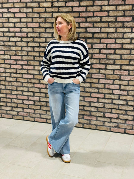 Cable Knit Striped Sweater - Navy