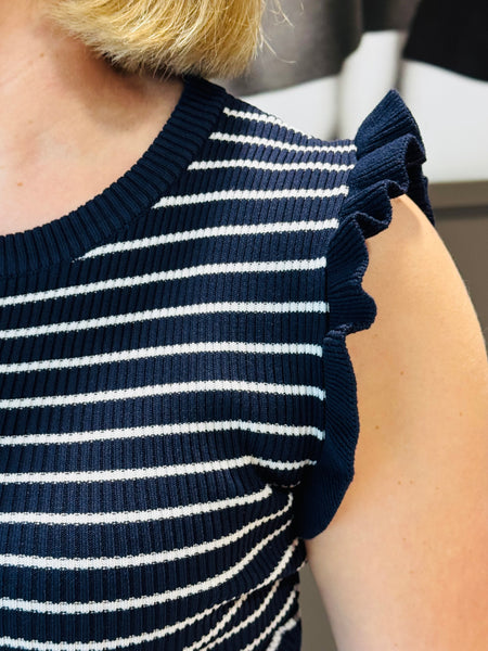 Striped Contrast Trim Top - Navy