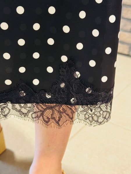 Polka Dot Lace Trim Satin Skirt - Black