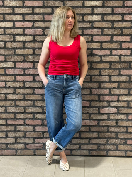 Ribbed Scoop Neck Tank Top - Red