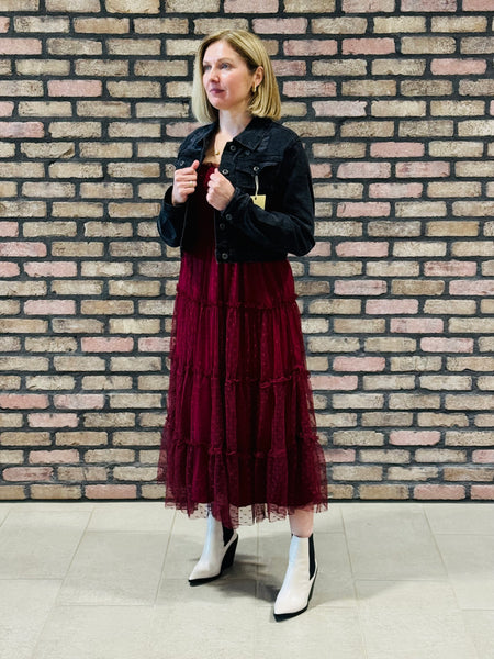 Polka Dot Chiffon Midi Dress - Burgundy