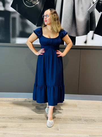 Front Half Button Midi Dress - Navy
