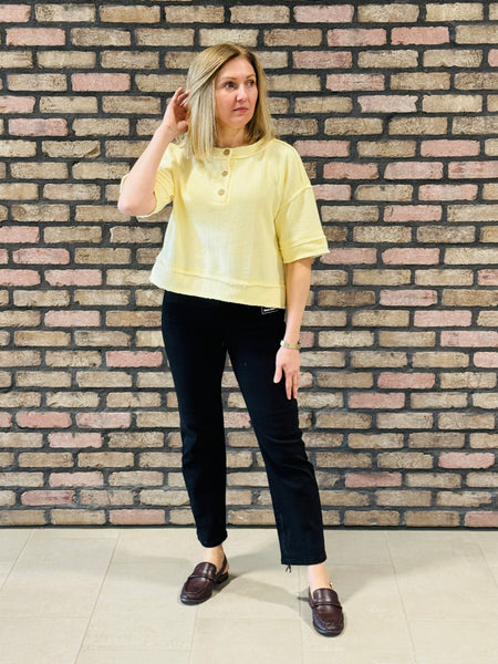Raw Edge Henley Knit Top - Light Yellow