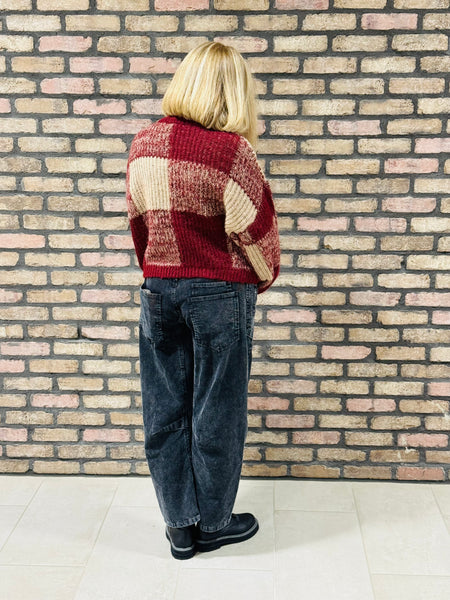 Plaid Pattern Sweater - Burgundy