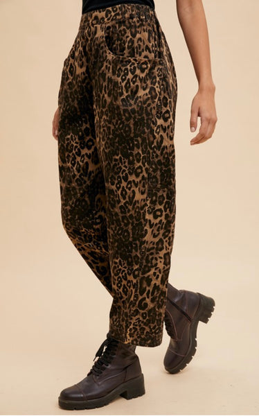 Leopard Print Barrel Twill Pants - Mocha