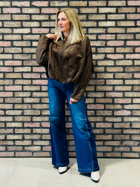 Faux Suede Collared Jacket - Dark Brown