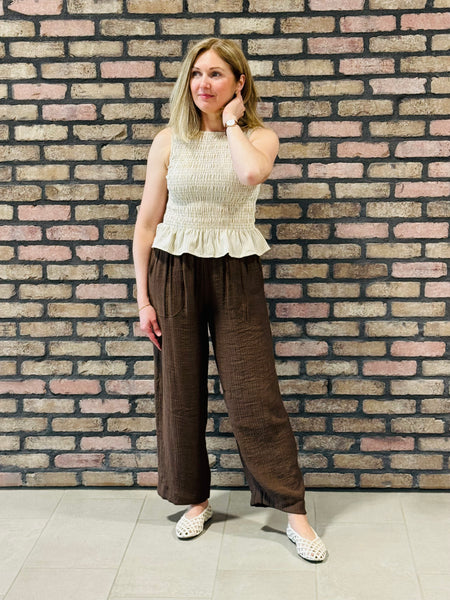 Striped Smoked Blouse - Light Khaki
