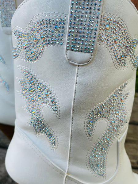 Rhinestone Western Boots - White