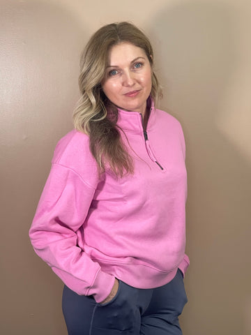 Half Zip Fleece Sweatshirt - Candy Pink