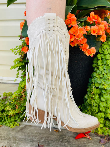 Long Fringe Western Boots - Off White