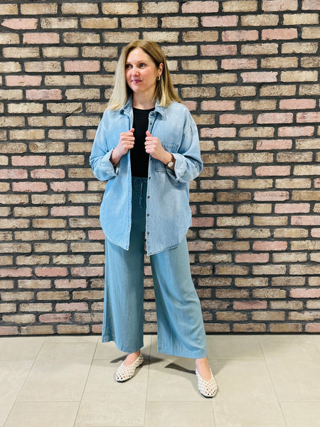 Wide Leg Linen Blend Pants - Blue Grey