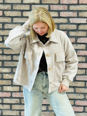 Acid Wash Fleece Shacket - Ash Mocha