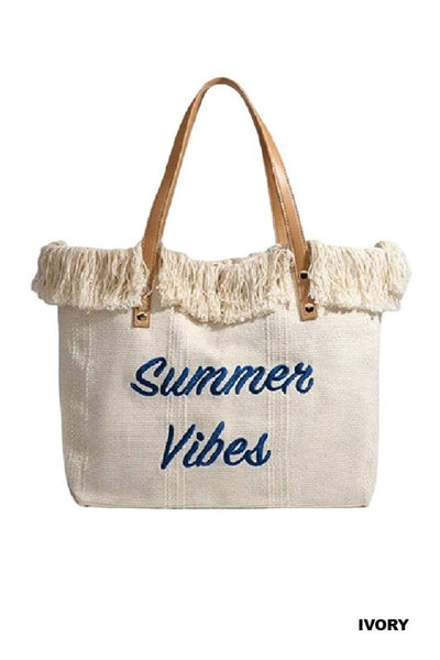 Summer Vibe fringe canvas tote bag - ivory