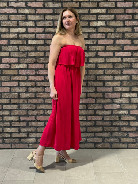 Crinkle Strapless Maxi Dress - Ruby