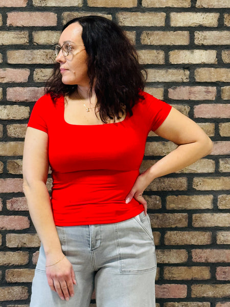 Square Neck Ribbed Tee - Radiant Red