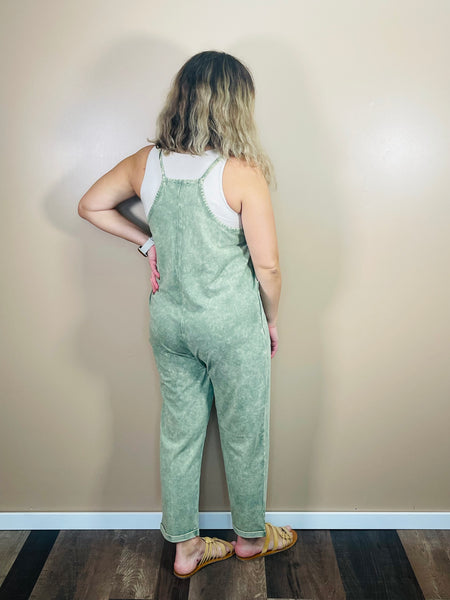 Washed Overalls with Pockets - LT Olive
