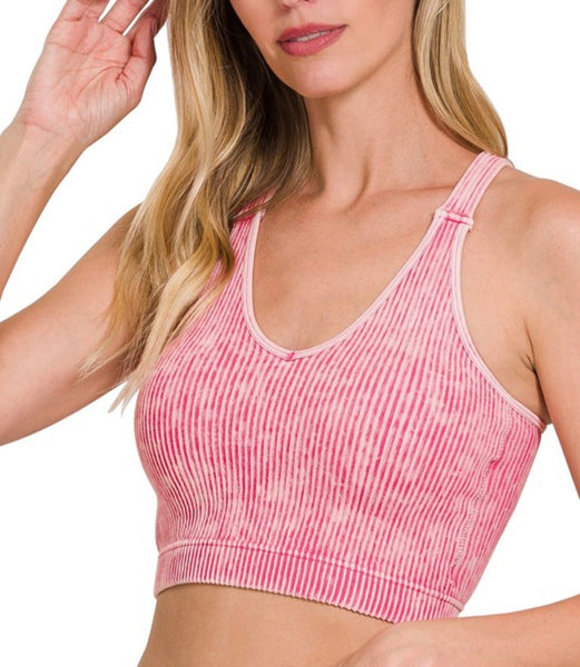 Ribbed Bra Padded Tank Top - Ash Pink