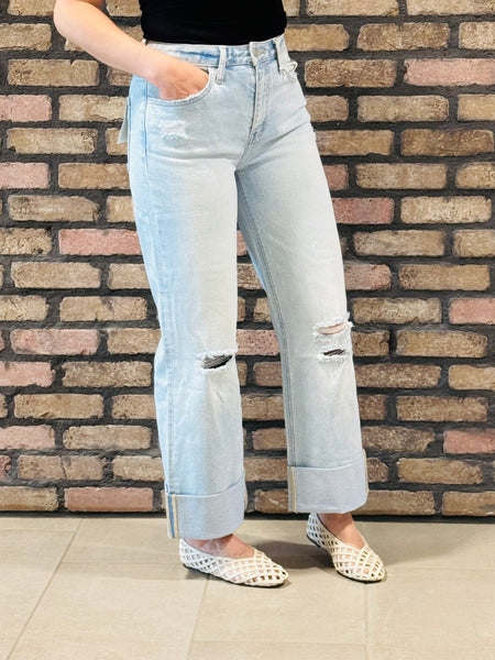 Distressed Detail Wide Leg Jeans - Light Wash
