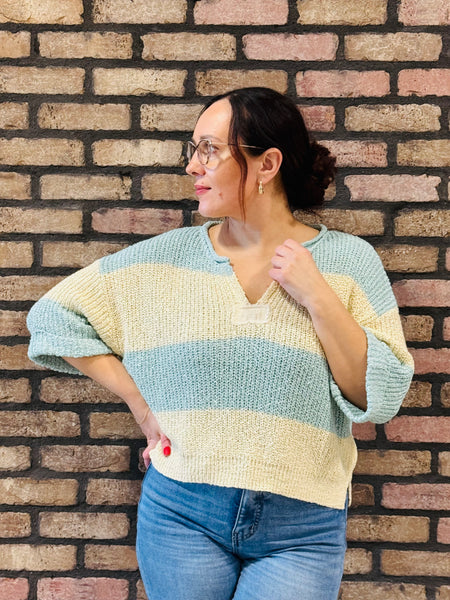 Split Neck Striped Sweater - Sea Angel