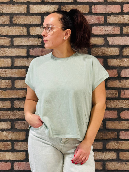 Capped Sleeve Mineral Wash Tee - Sage Green