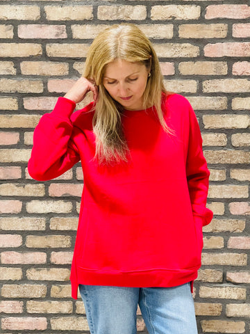 Hi-Low Sweatshirt with Pockets - Red