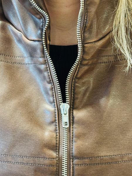 Washed Faux Leather Vest - Coffee