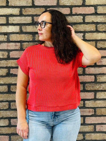 Raised Rib Cap Sleeves Top - Ruby