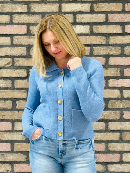 Collared Button Down Cardigan - Dusty Blue