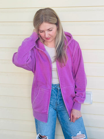 Fleece Burn-Out Zip-Up Hoodie - Orchid