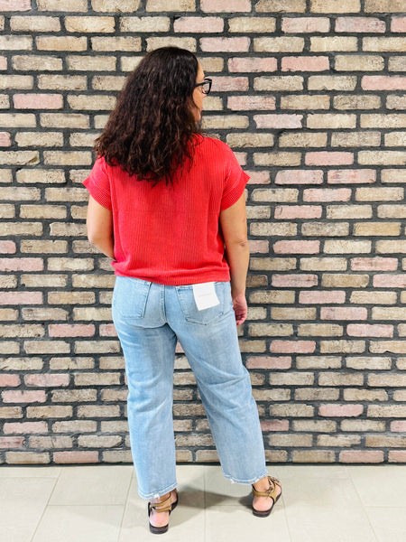 Raised Rib Cap Sleeves Top - Ruby