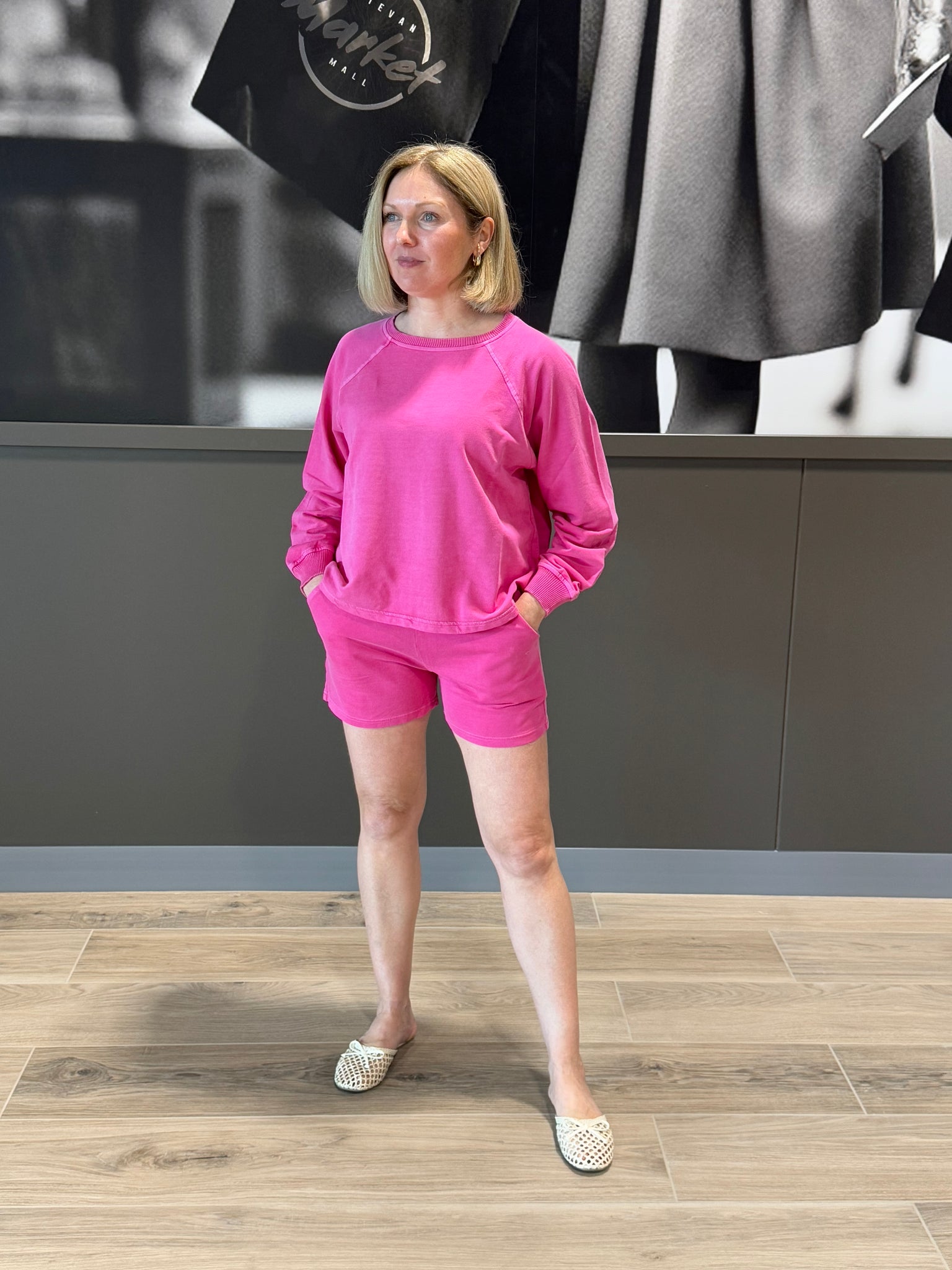French Terry Pullover and Shorts Set - Hot Pink