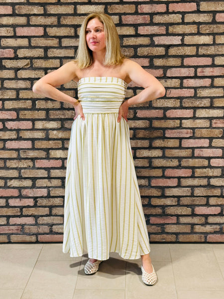Striped Pleated Strapless Dress - Olive