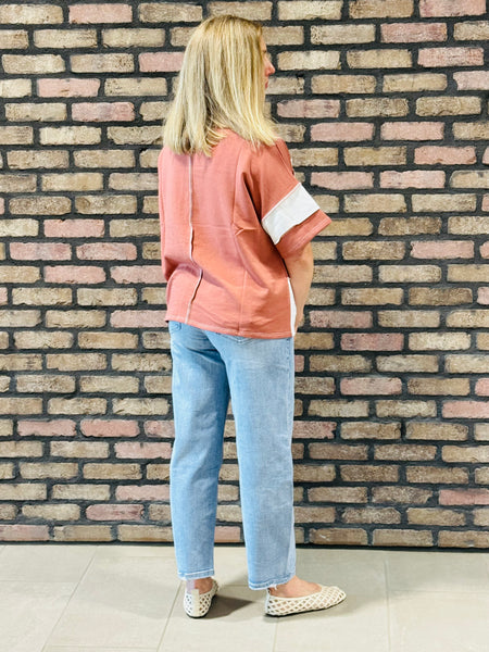Colour Block Exposed Seam Top - Lt Mahogany