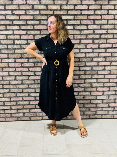 Belted Midi Dress - Black
