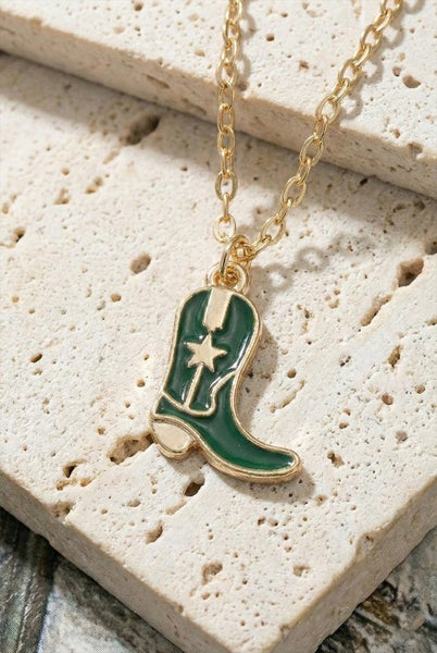 Cowboy Boot Pendant Necklace - Green