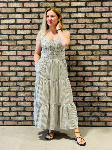 Striped Smocked Tiered Dress - Brown