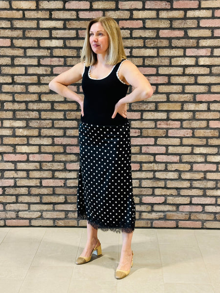 Polka Dot Lace Trim Satin Skirt - Black