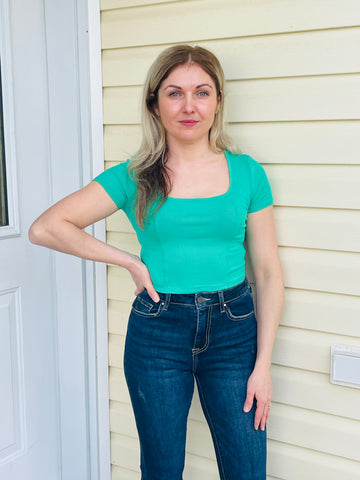 Corset Detail Ribbed Top - Green