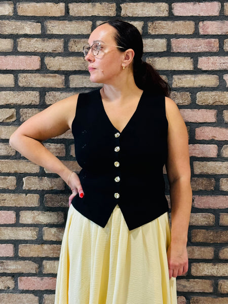 Gold Buttons Cardigan Vest - Black
