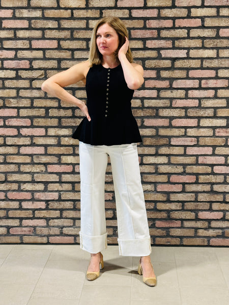 Pintuck Cuffed Wide Jeans - Cream
