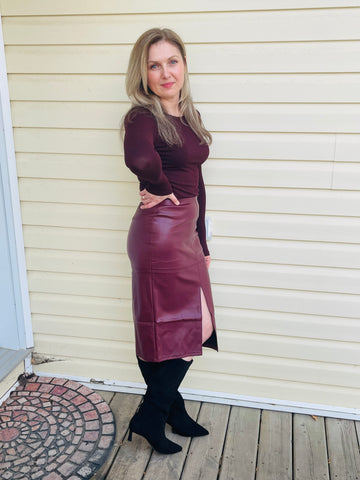 Faux Leather Midi Skirt - Wine