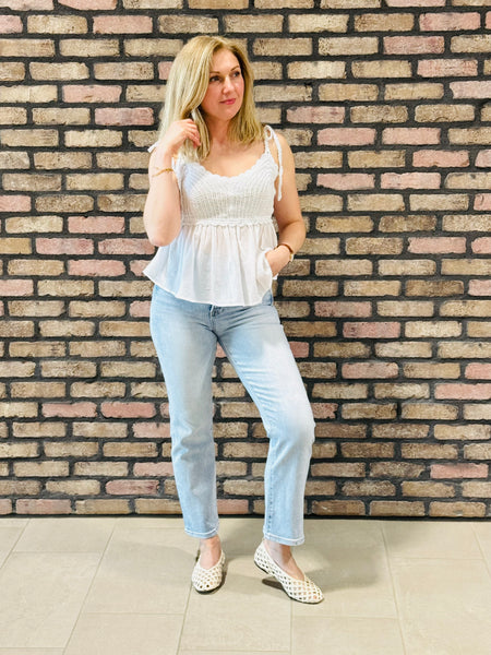 Crochet Tie Straps Peplum Top - White