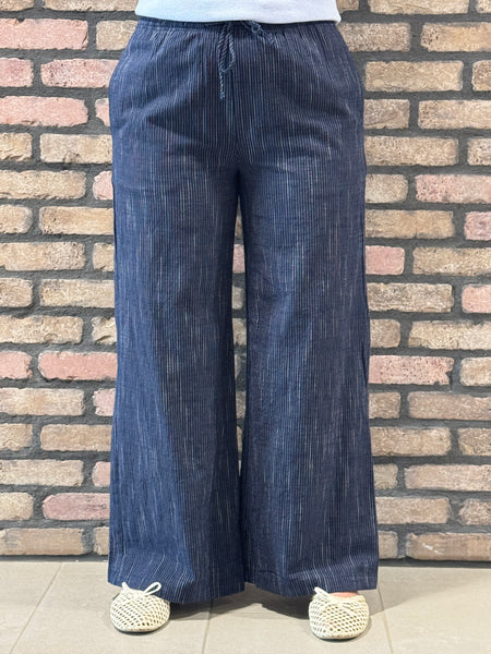 Elastic Waist Stripe Gauze Pants - Navy