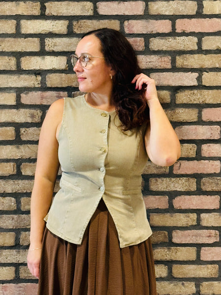 Button Down Denim Vest Top - Mocha