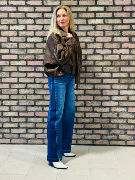 Faux Suede Collared Jacket - Dark Brown