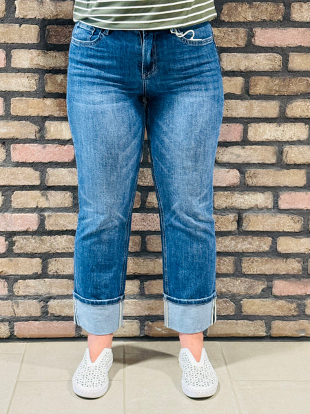 Cuffed Ankle Straight Jeans - Medium Wash