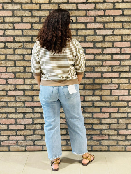 Striped Contrast Trim Top - Cream/Mocha