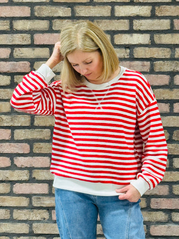 Textured Striped Pullover - Ruby